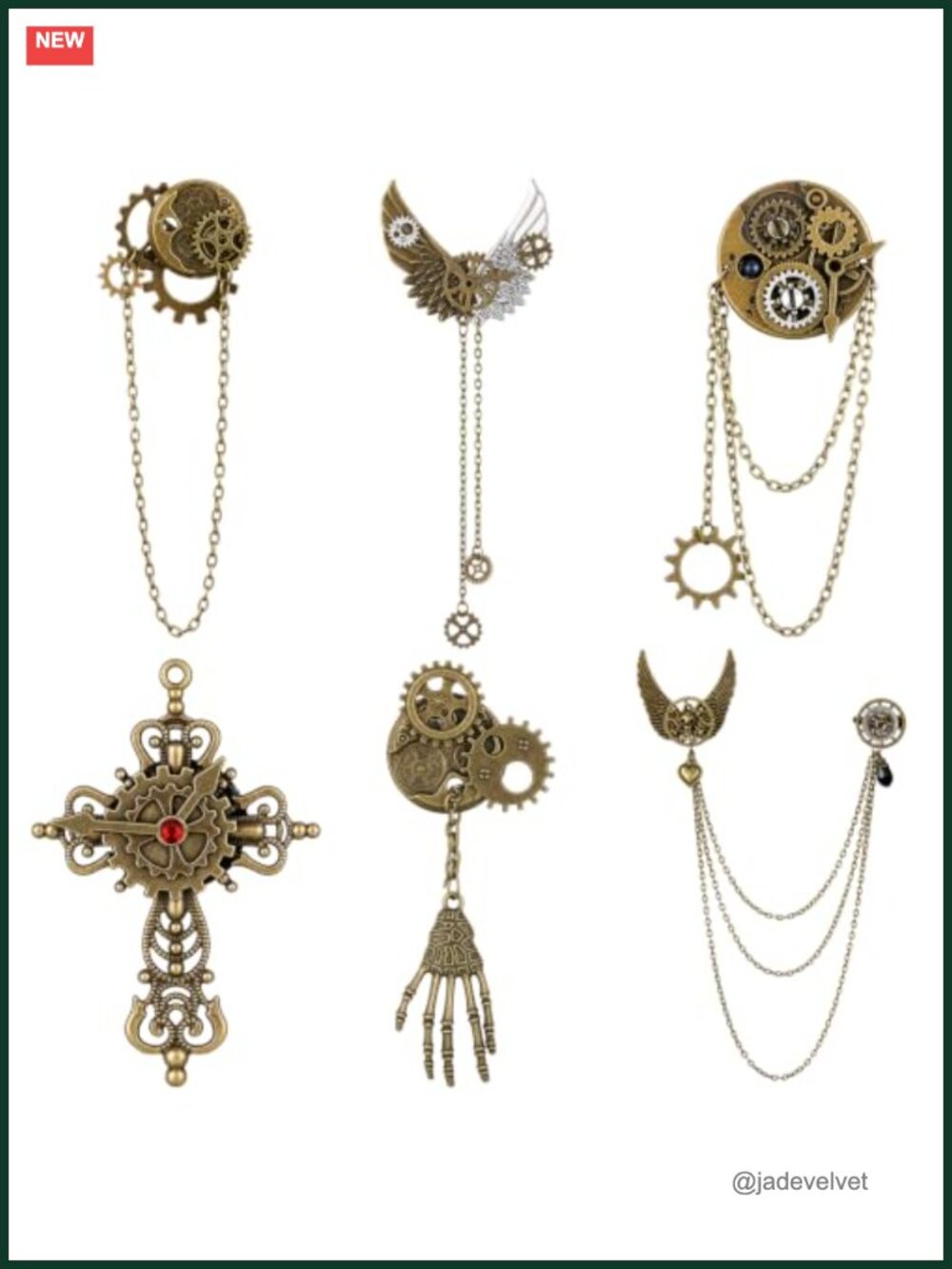 6 Pc Steampunk Brooch Pin Set Alloy Gear Wing Chain Lapel Cosplay